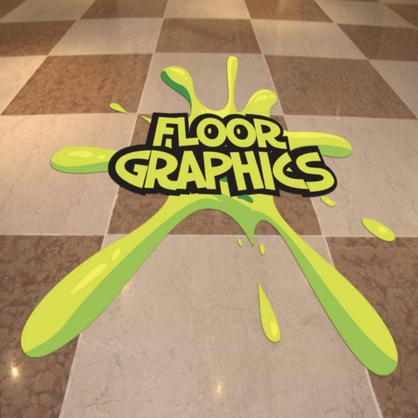 yellow bright floor graphic on a brown tile floor