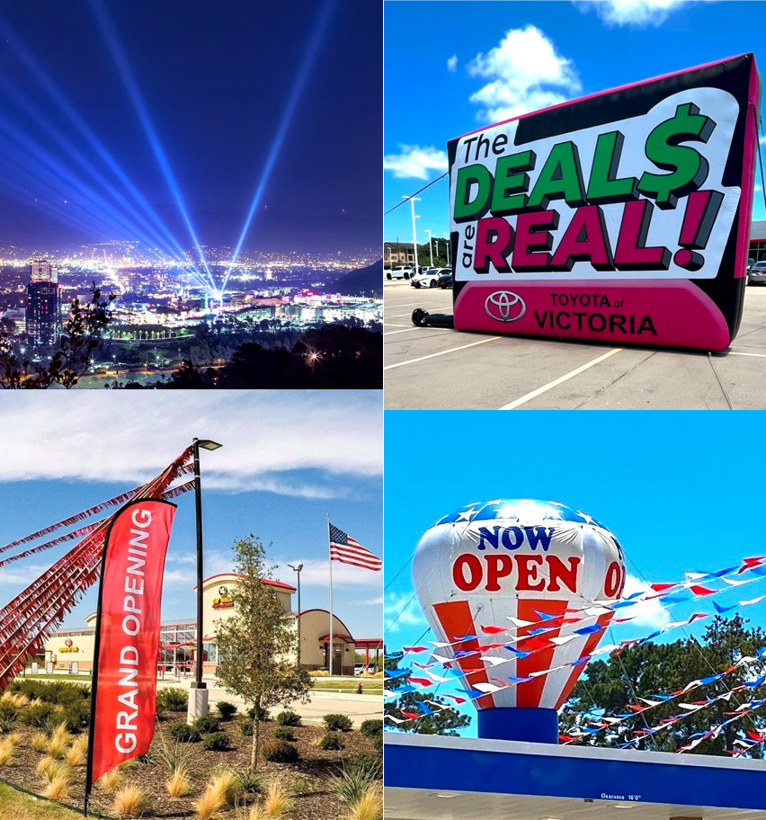 Promotion examples of events including streamers, sales inflatable, searchlights